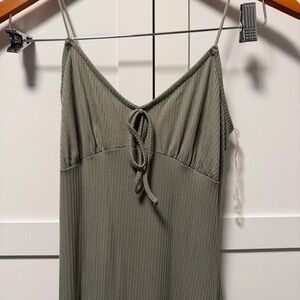 Olive Ribbed Maxi Slip Dress with Tie Front